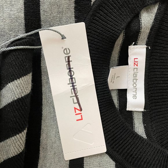 Liz Claiborne | Women's Grey Black Striped Mock Neck Sweater Large - Picture 6 of 6